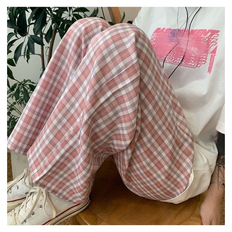 Sẵn Quần vải kẻ caro hình thêu trái tím