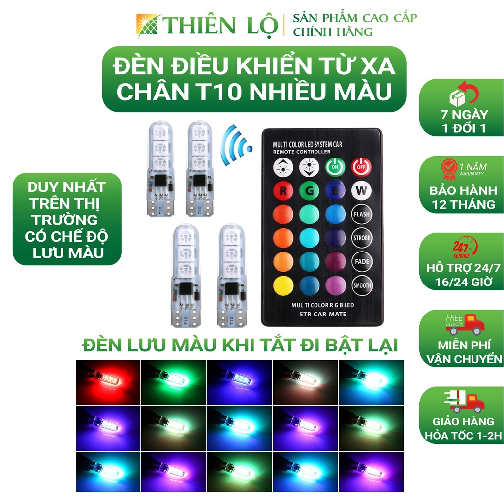 Bộ 4 đèn LED T10 Xi nhan demi điều khiển nhiều màu 6 SMD RGB T10 5050 siêu sáng bọc silicon cho ô tô xe máy của Thiên Lộ