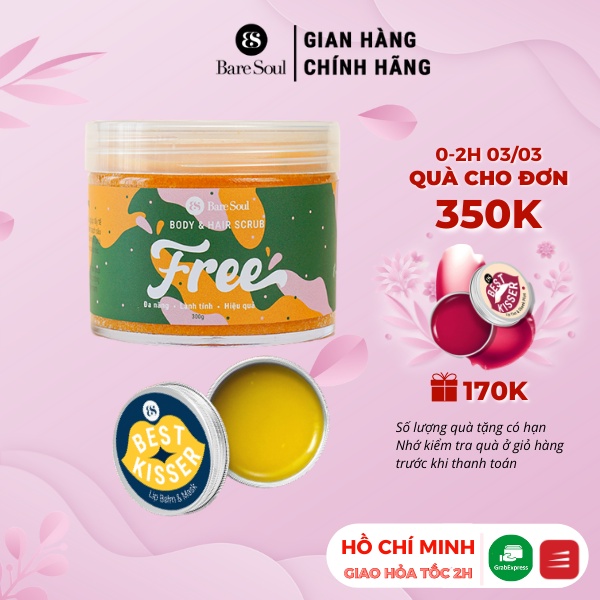 Combo Muối tắm BareSoul Free &amp; Body Hair Scrub 300g + Son dưỡng môi không màu BareSoul Best Kisser Lip Balm &amp; Mask 10g