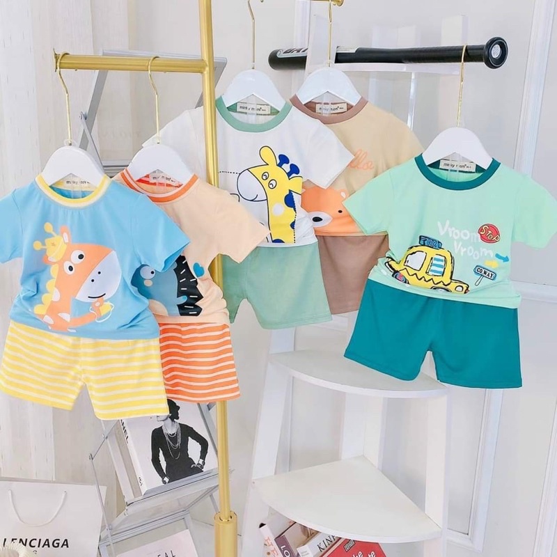 NT036 Bộ cộc tay thun lạnh Minky Mom tay giác lăng phối hình thú, oto dễ thương cho bé