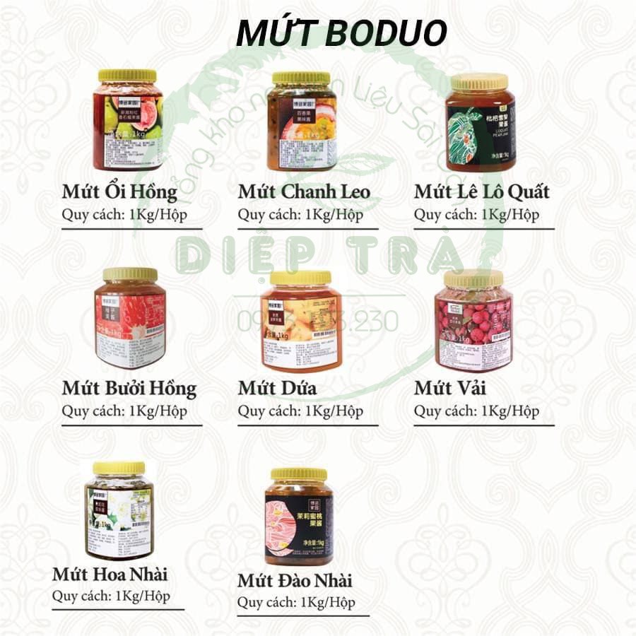Mứt Boduo 1kg Vị: Đào Nhài/Hoa nhài/Ổi hồng/Dứa(thơm)/Lê/Bưởi/Chanh dây/Vải/Hoa Hồng/Sakura/Thanh Long/Táo Đỏ/Việt quất