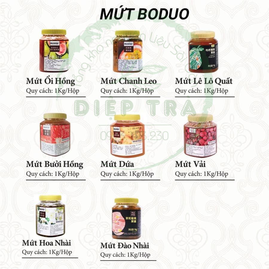 Mứt Boduo 1kg Vị Đào Nhài Hoa nhài Ổi hồng Dứathơm Lê Bưởi Chanh dây Vải