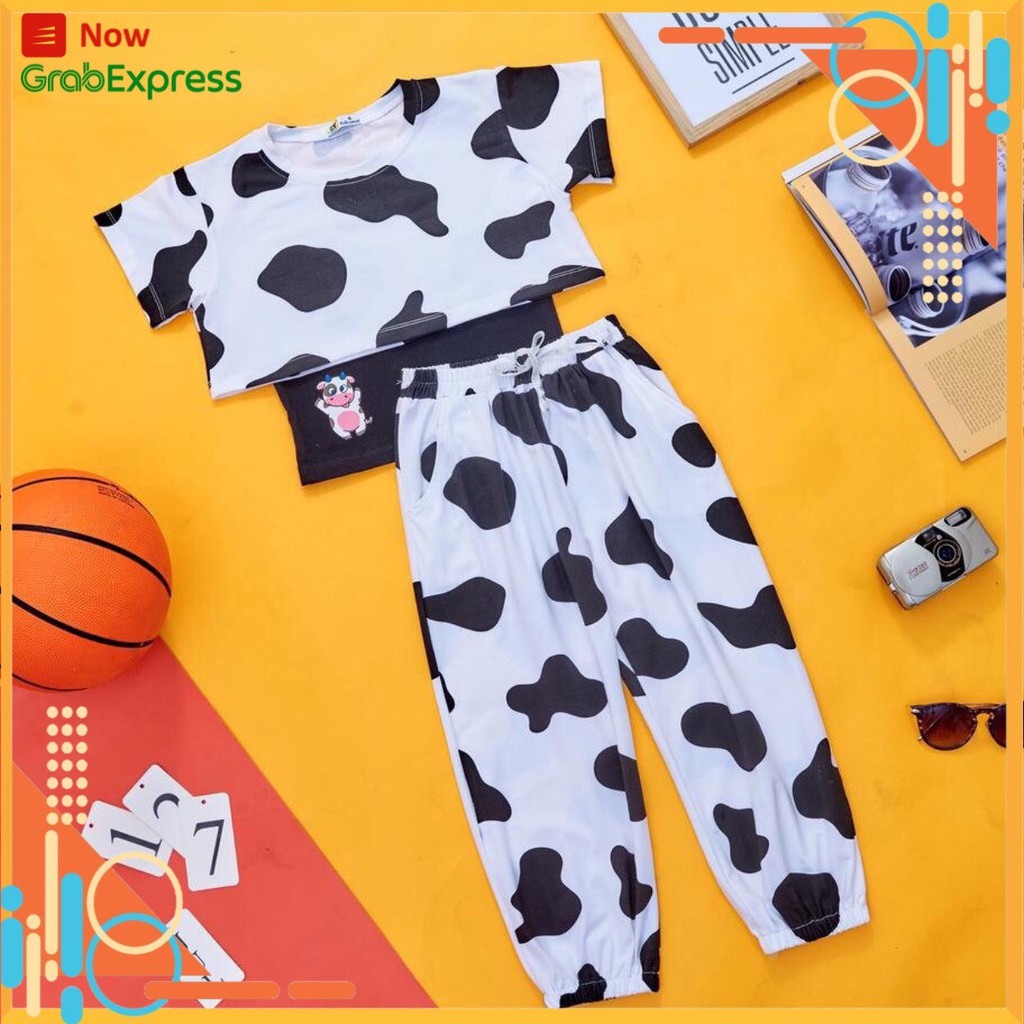 Set áo Croptop quần jogger ❤️ Bò Sữa ❤️ Thun Cotton 4 chiều 100% dành cho bé gái có size từ 15kg - 42kg