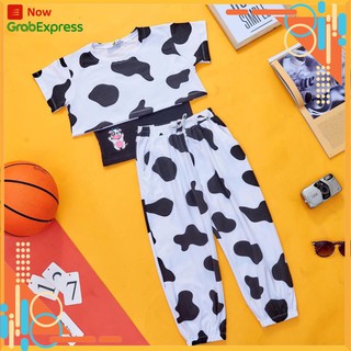 Set áo Croptop quần jogger ❤️ Bò Sữa ❤️  Thun Cotton 4 chiều 100% dành cho bé gái có size từ 15kg - 42kg
