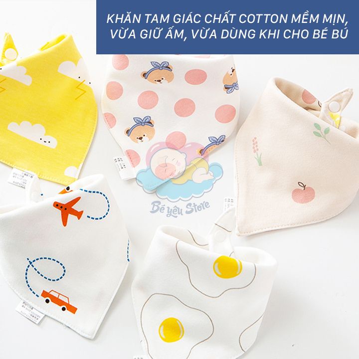 Khăn yếm tam giác Cotton 100% có cúc bấm tiện lợi họa tiết nghộ nghĩnh, dễ thương (Khăn yếm tam giác cho bé)