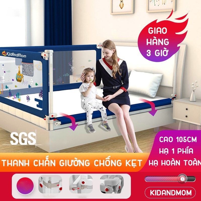 Thanh chắn giường cho bé 1m6 1m8 2m KidAndMom BR02 cao 105cm chống kẹt, hạ 1 đầu, trượt lên xuống Giá 1 thanh