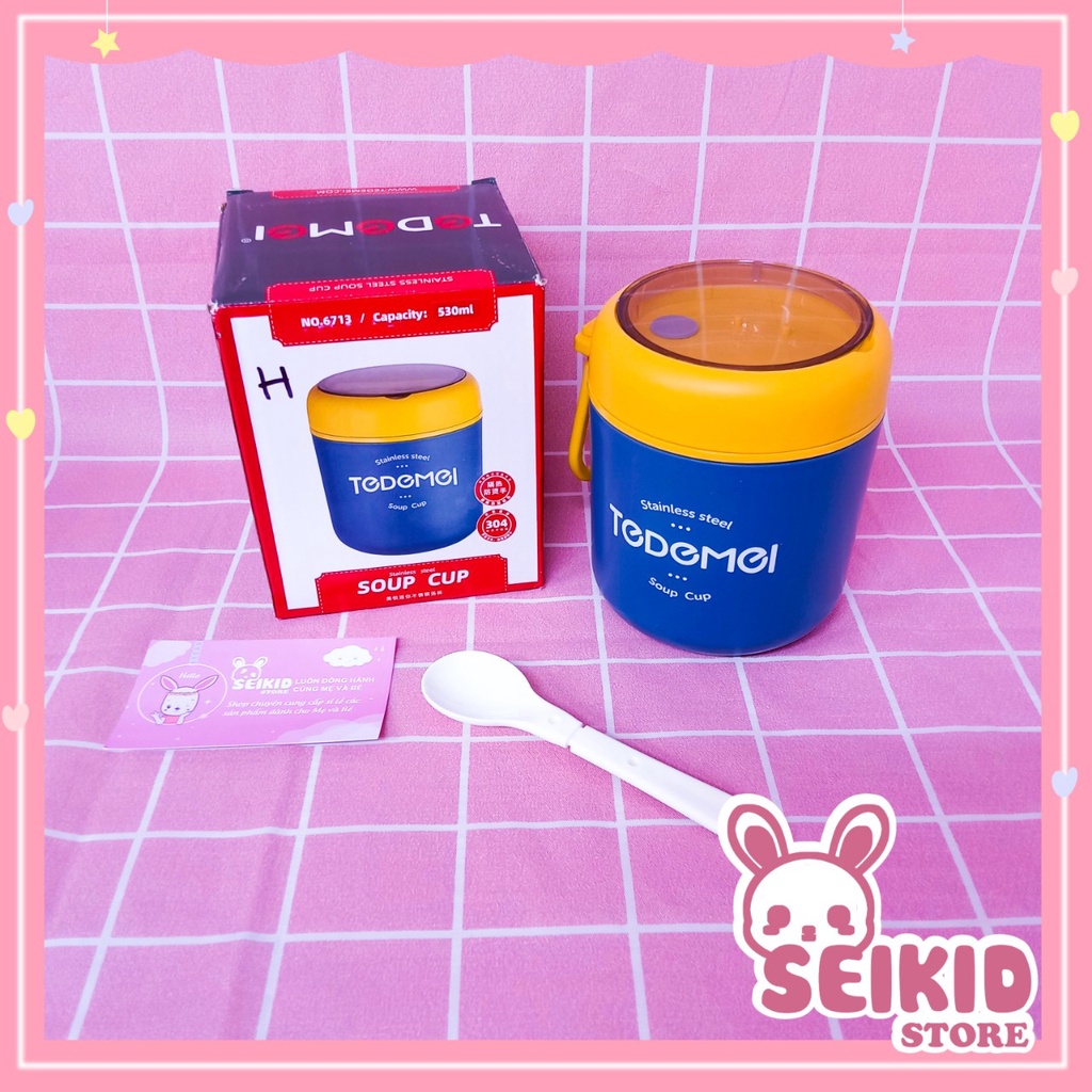 Bình Ủ Cháo, Cốc Đựng Canh Tedemei Chất Liệu Nhựa Chịu Nhiệt, Có Thìa Kèm Theo 530ml Seikid