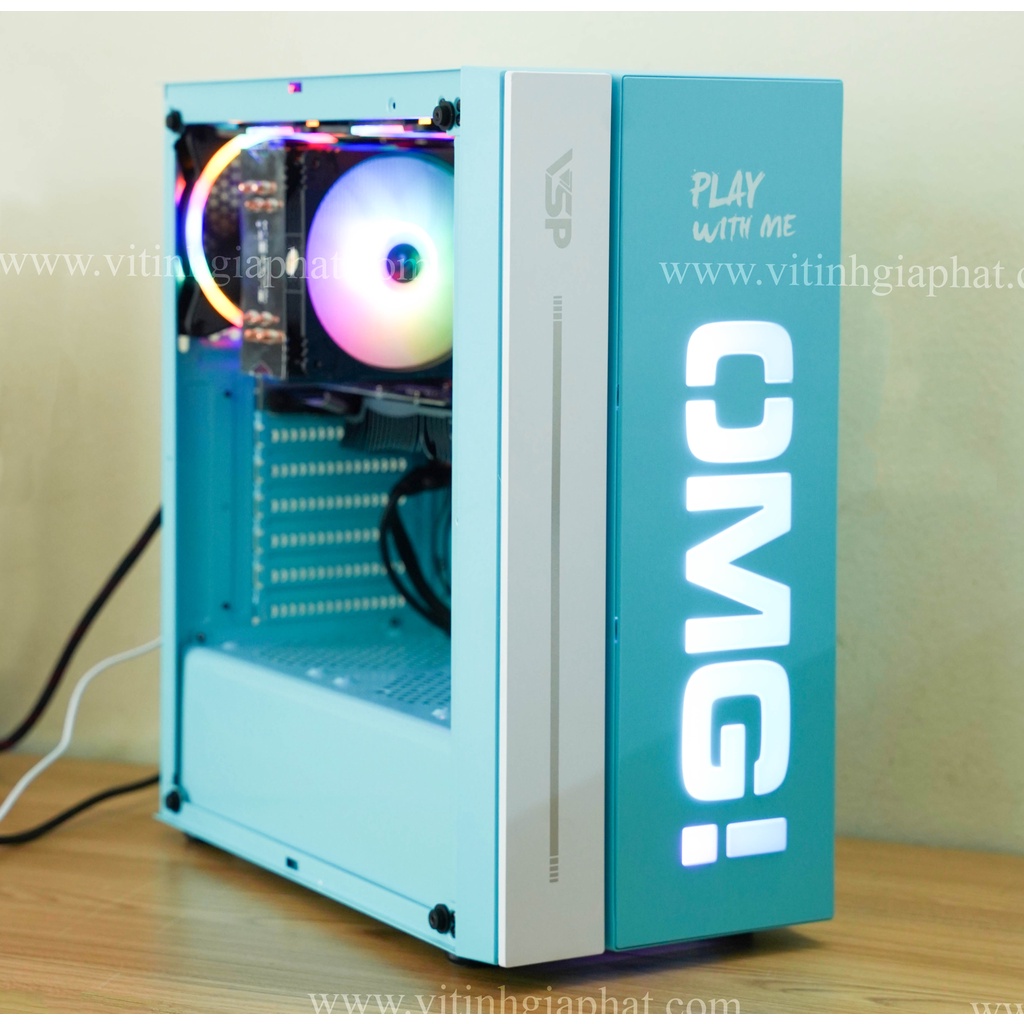 Vỏ Case Gaming VSP OMG-II ATX - Đen - Hồng - Xanh ngọc Bích (Sẵn LED mặt trước)