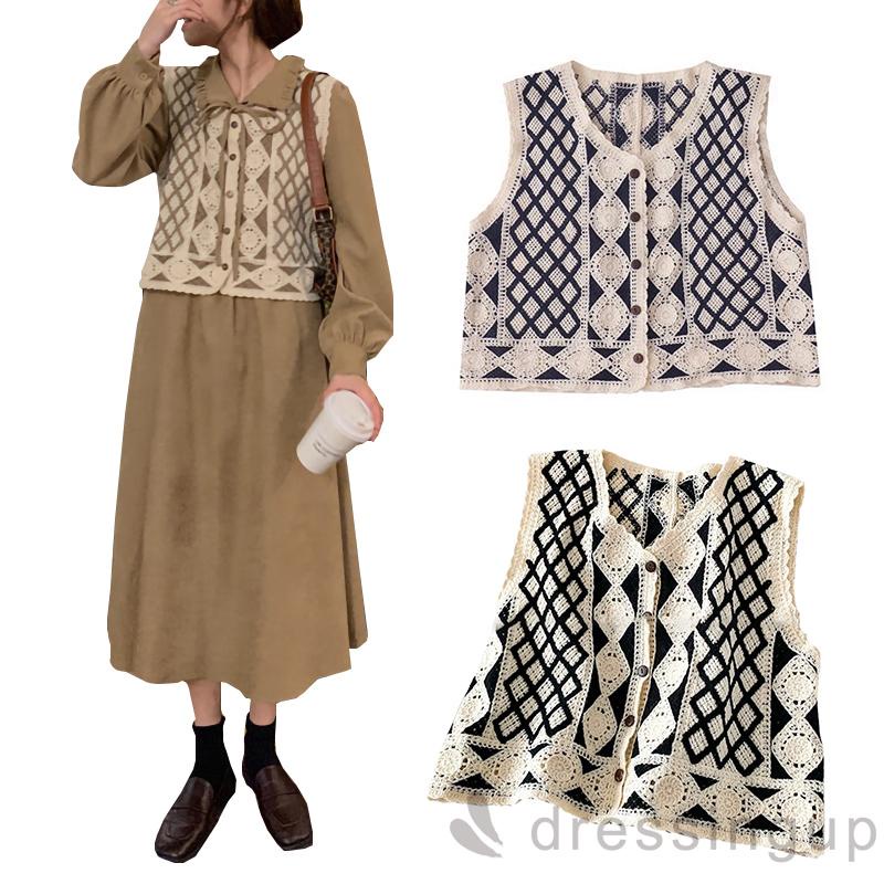 Áo dệt kim không tay cổ chữ V họa tiết hình thoi màu đen / mơ / lam kiểu xuân thu cho nữ