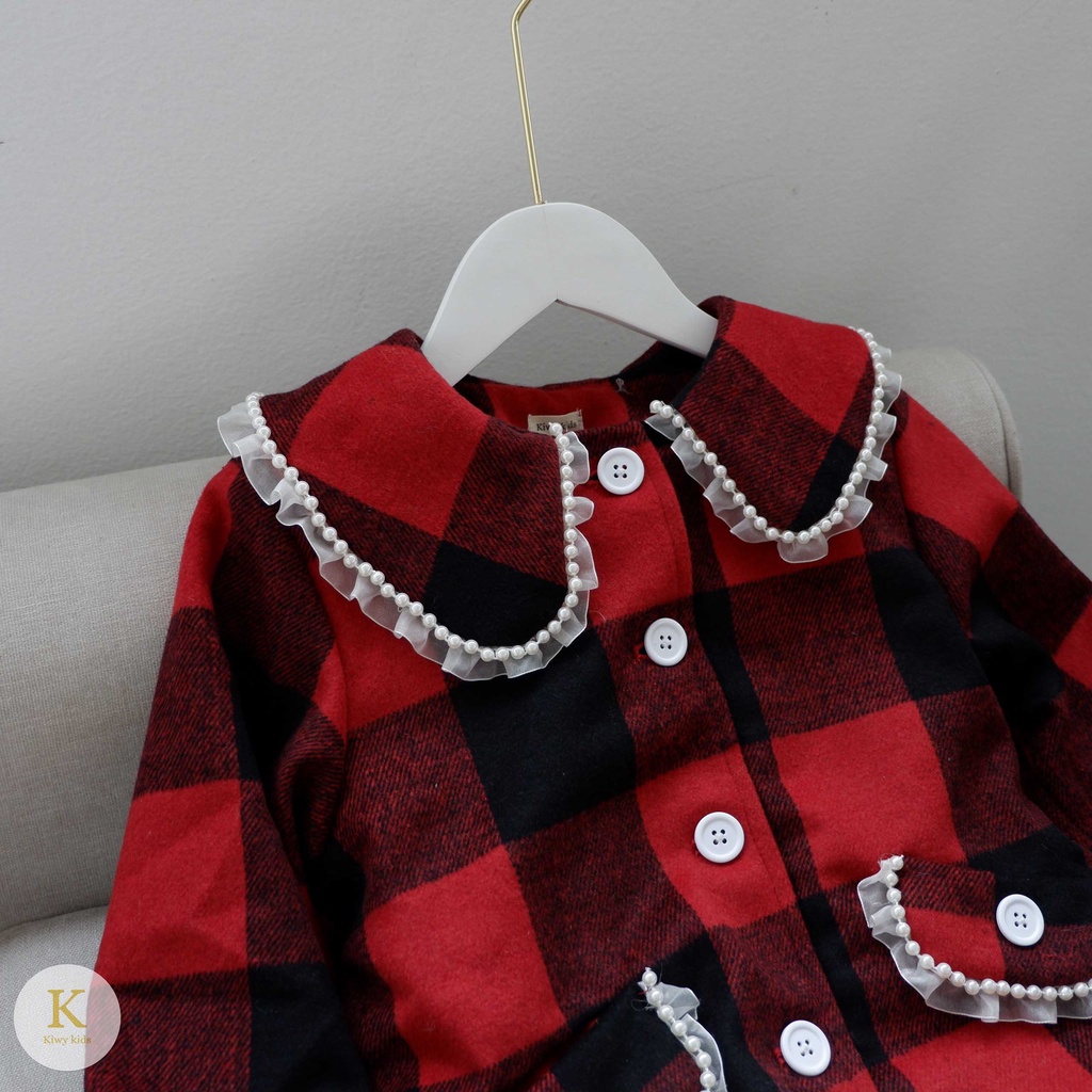 Áo khoác bé gái lót lông Kiwy Kids chất dạ kẻ cổ áo viền ngọc sang chảnh Kids2153 cho bé từ 5 đến 11 tuổi