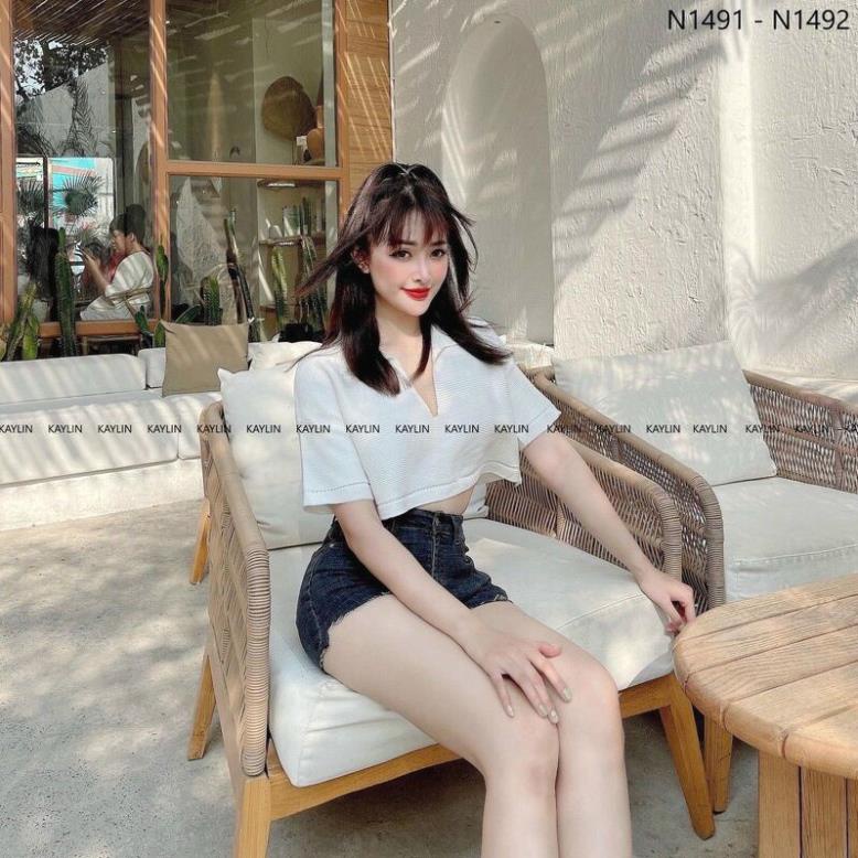 Áo croptop polo nữ ngắn tay cổ V bẻ khoét điệu đà MaiRin Fashion thời trang Hàn Quốc mặc đi chơi 058