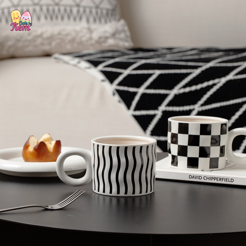 Cốc sứ có nắp, Ly Cốc Gốm Sứ EAR CARO | EAR CHECKER MUG, Ly sứ cao cấp kèm nắp tai mèo