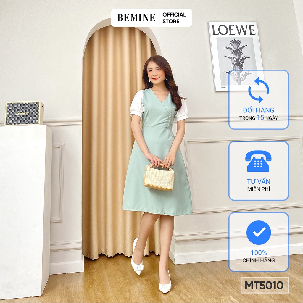 Đầm cổ tim đắp chéo tay phối BEMINE MT5010 XANH