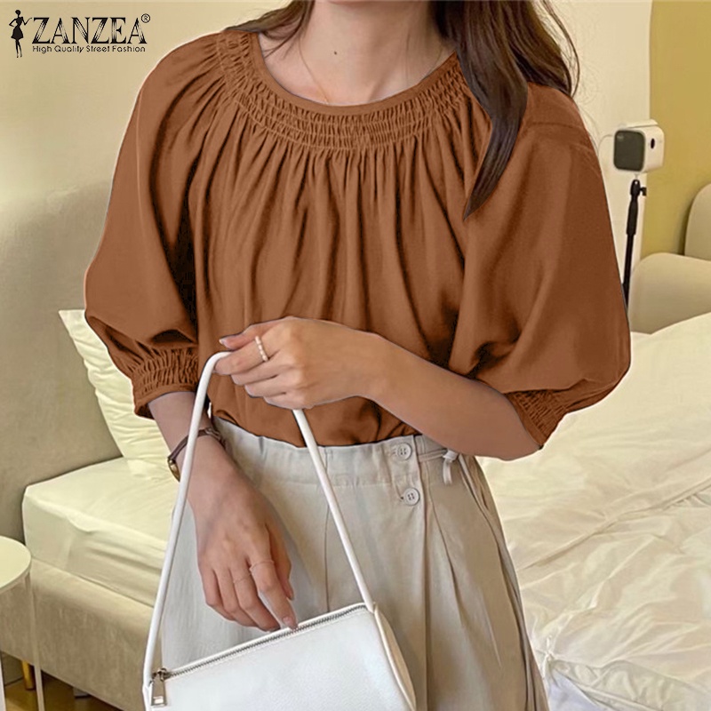 Áo kiểu ZANZEA tay lỡ cổ tròn xếp ly phong cách đường phố cho phái nữ