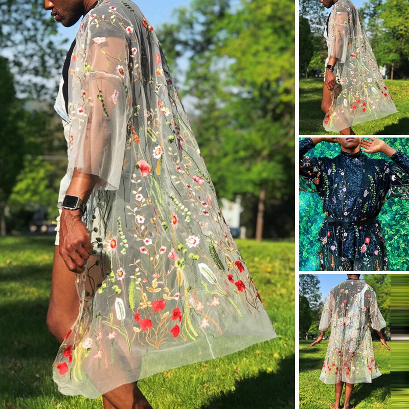 Áo khoác cardigan tay 3/4 phối ren xuyên thấu thiết kế dáng dài thoải mái cho nam