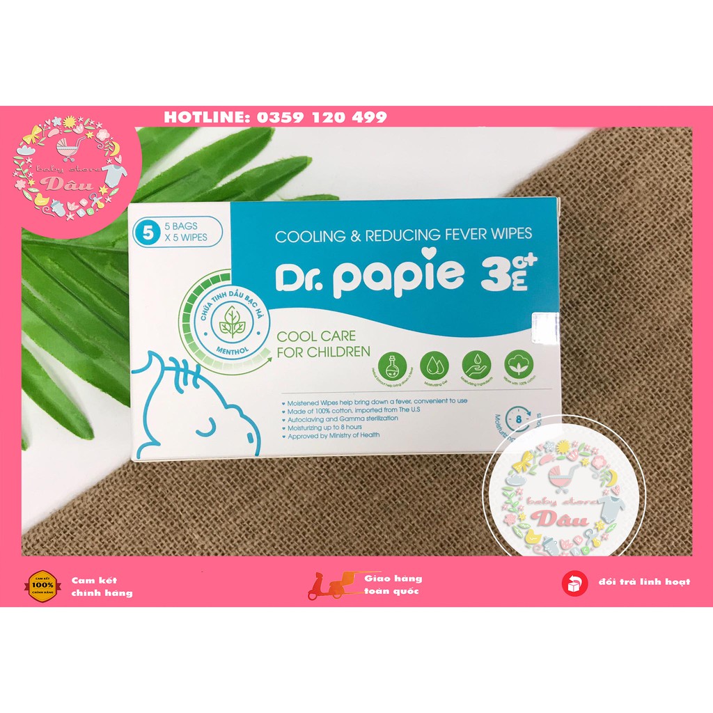 Khăn lau hạ sốt Dr. Papie cho bé từ sơ sinh  - hộp 5 gói