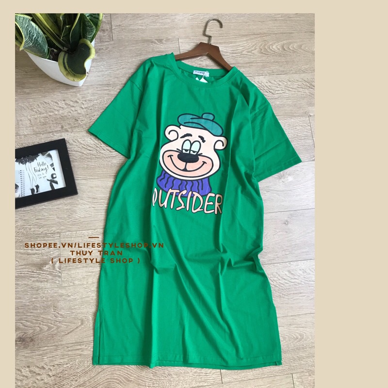 Váy thun suông cotton Quảng Châu phom rộng rãi mát mẻ in hình Gấu Outsider