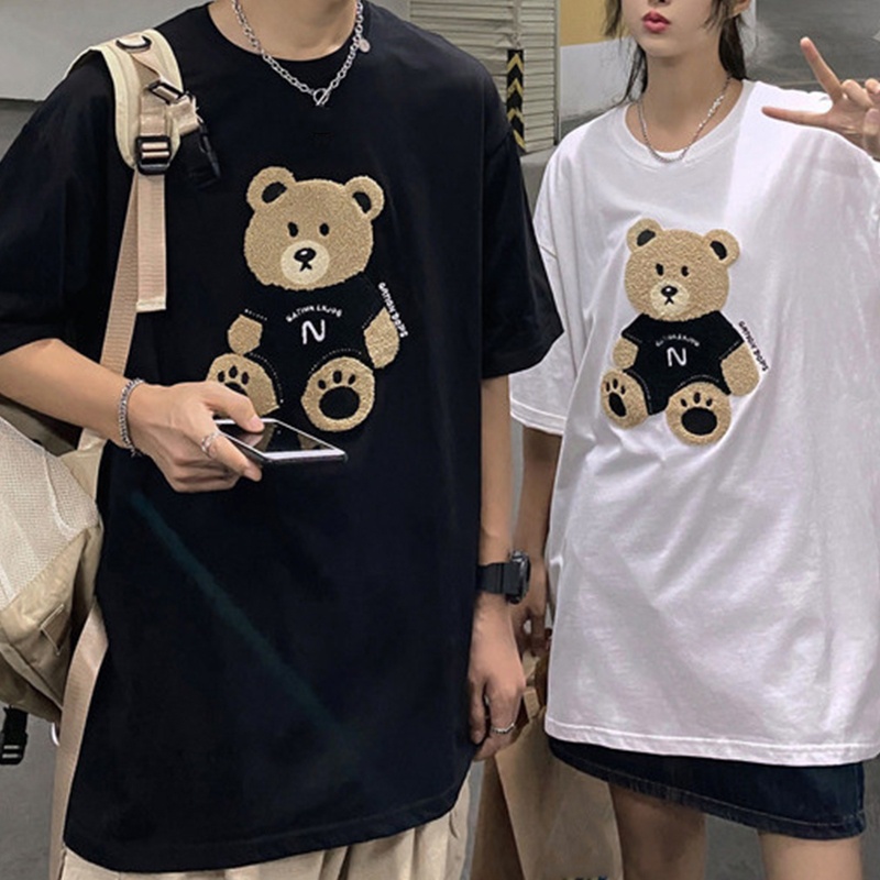 Xiangbao Áo Thun Tay Ngắn Cổ Tròn In Hình Gấu Dạng Xẻng