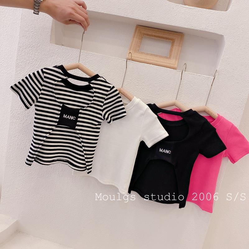 Áo Thun Cotton Tay Ngắn Hở Lưng Họa Tiết Kẻ Sọc Phong Cách Hàn Quốc Cho Bé Gái