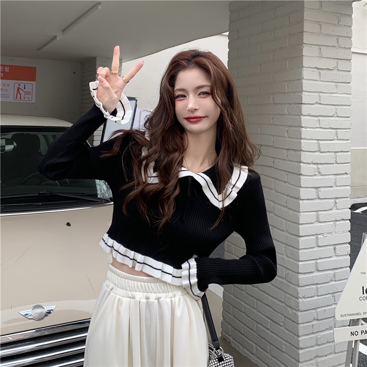 【ZHELIHANGFEI】 / Áo Sweater Dệt Kim Cổ Búp Bê Dáng Ôm Thiết Kế Cột Dây Kiểu Retro Thời Trang Xuân Hè Cho Nữ