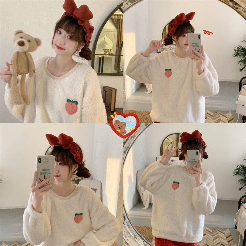 Bộ ngủ nỉ bông xù hồng đào dâu tây đôi nam nữ, bông xù siêu dày ấm đáng yêu
