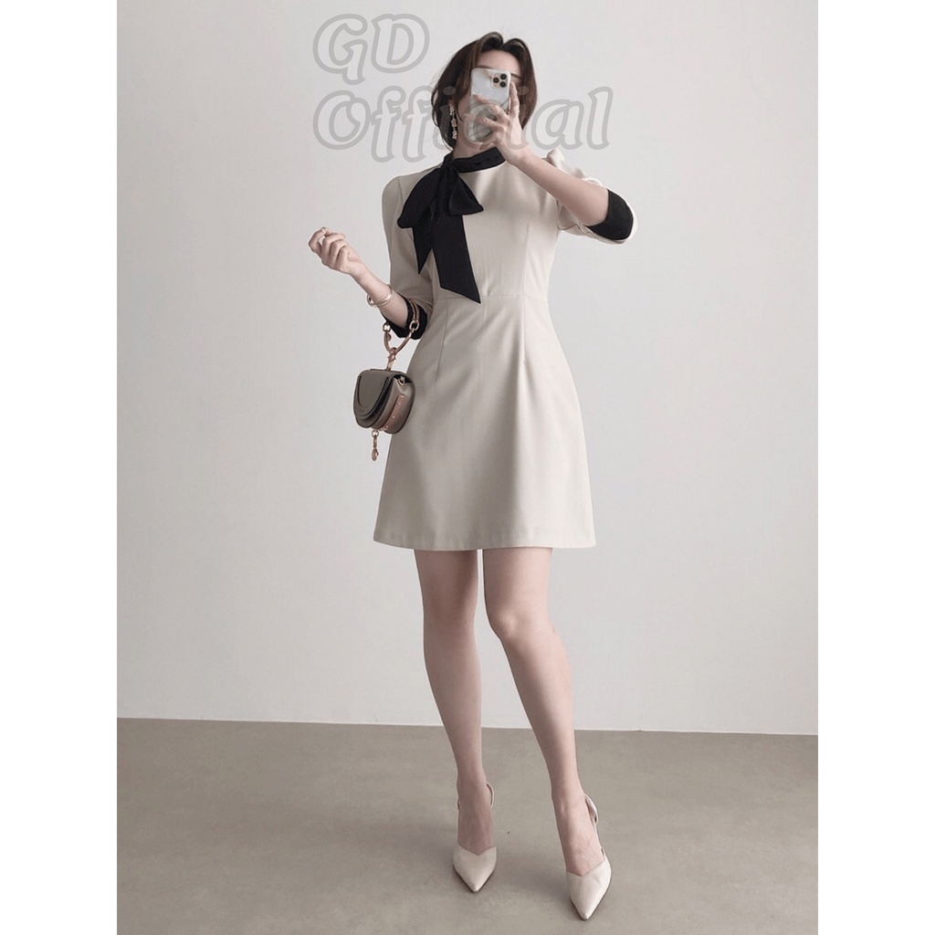 D57|Đầm thắt nơ cổ tròn công sở thanh lịch dáng xòe bồng bềnh co nữ chất cotton bo eo khoe dáng màu be, đen GD Official
