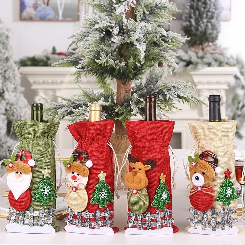 1 vỏ bọc chai rượu vang rút dây bằng vải lanh hình ông già noel trang trí bàn ăn giáng sinh