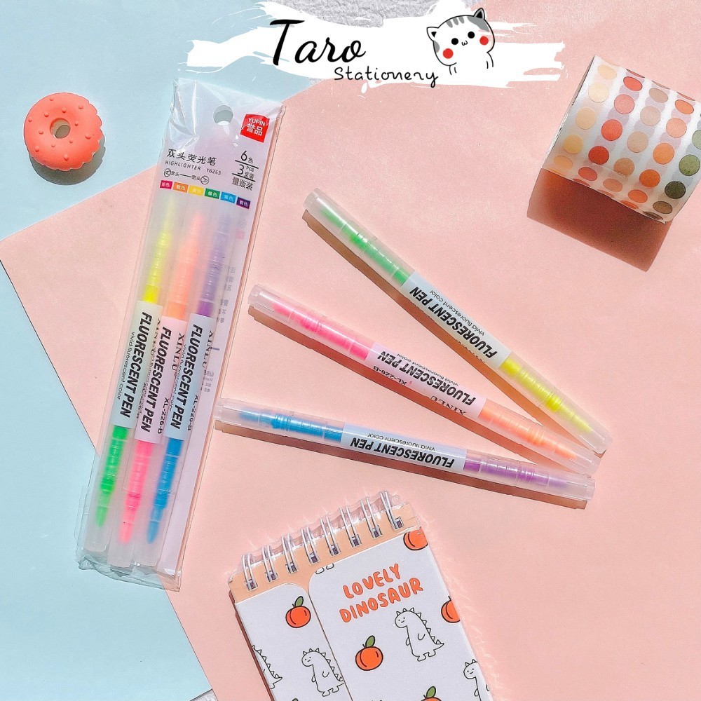 Bút highlight hai đầu dạ quang, bút đánh dấu ghi chú B08 Taro Stationery