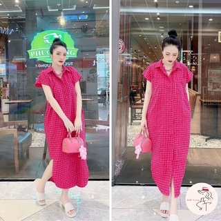 Đầm sơ mi nữ dáng dài vintage cổ cao cánh dơi vạt bầu