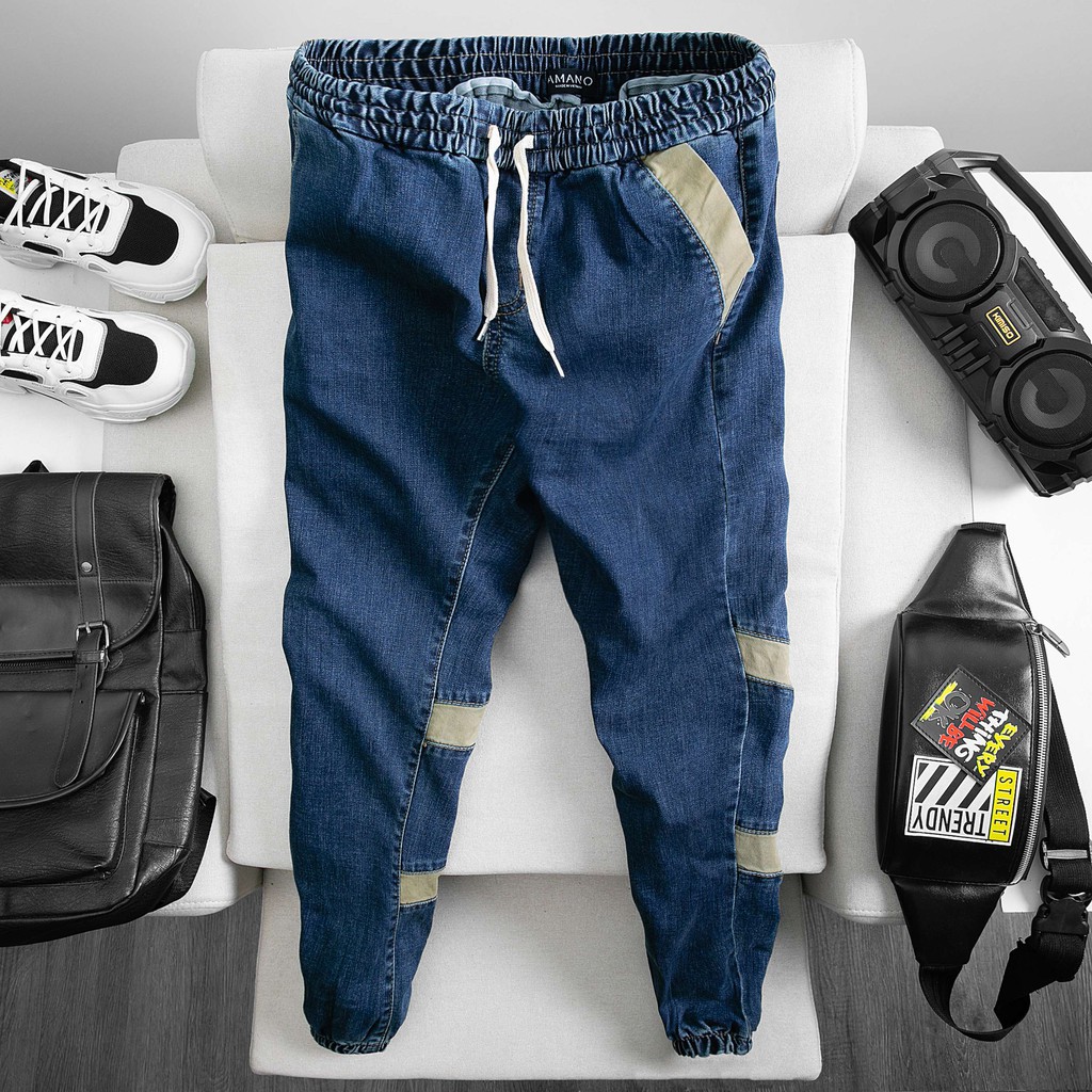 Quần JOGGER JEAN cạp chun PHỐI SỌC DA LỘN kết hợp cùng dây rút QJ592 - Hàng nhập khẩu