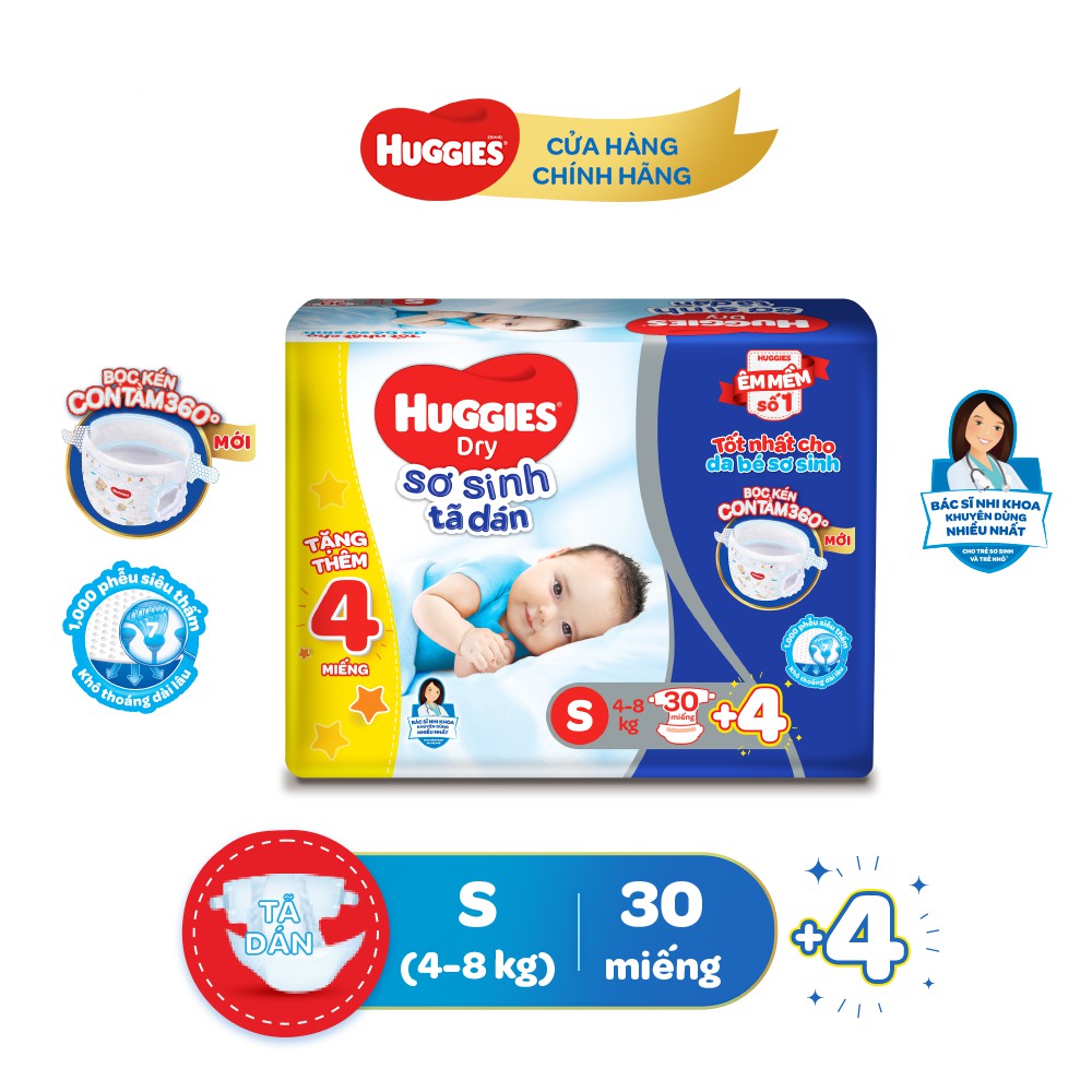 Tã dán sơ sinh Huggies S30 (4kg - 8kg) - Gói 30 miếng :S30