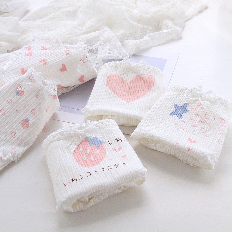 Quần Lót Nữ Cotton tông trắng gân họa tiết hồng mỏng mát ôm dáng mã 0749