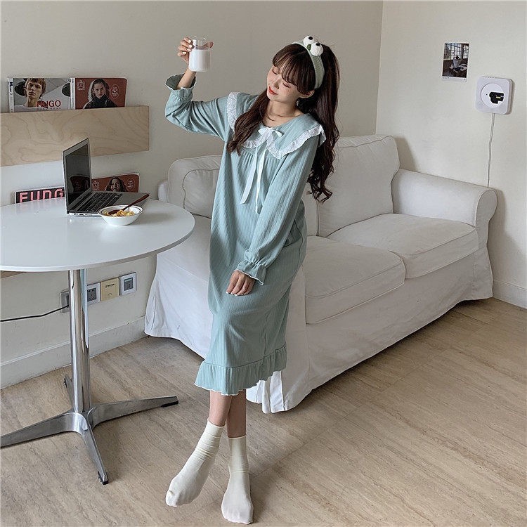 Váy ngủ nữ áo dài xuân thu học sinh phiên bản Hàn Quốc dễ thương mùa đông đồ tay mẫu mới về nhà có thể mặc ngo