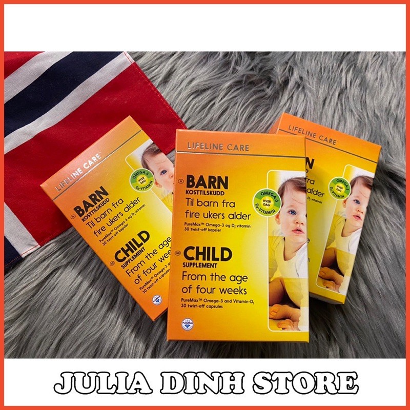 Dầu cá kim cương DHA Vitamin D3 BARN Lifeline Care Nauy cho bé từ 4 tuần tuổi hộp 30 viên