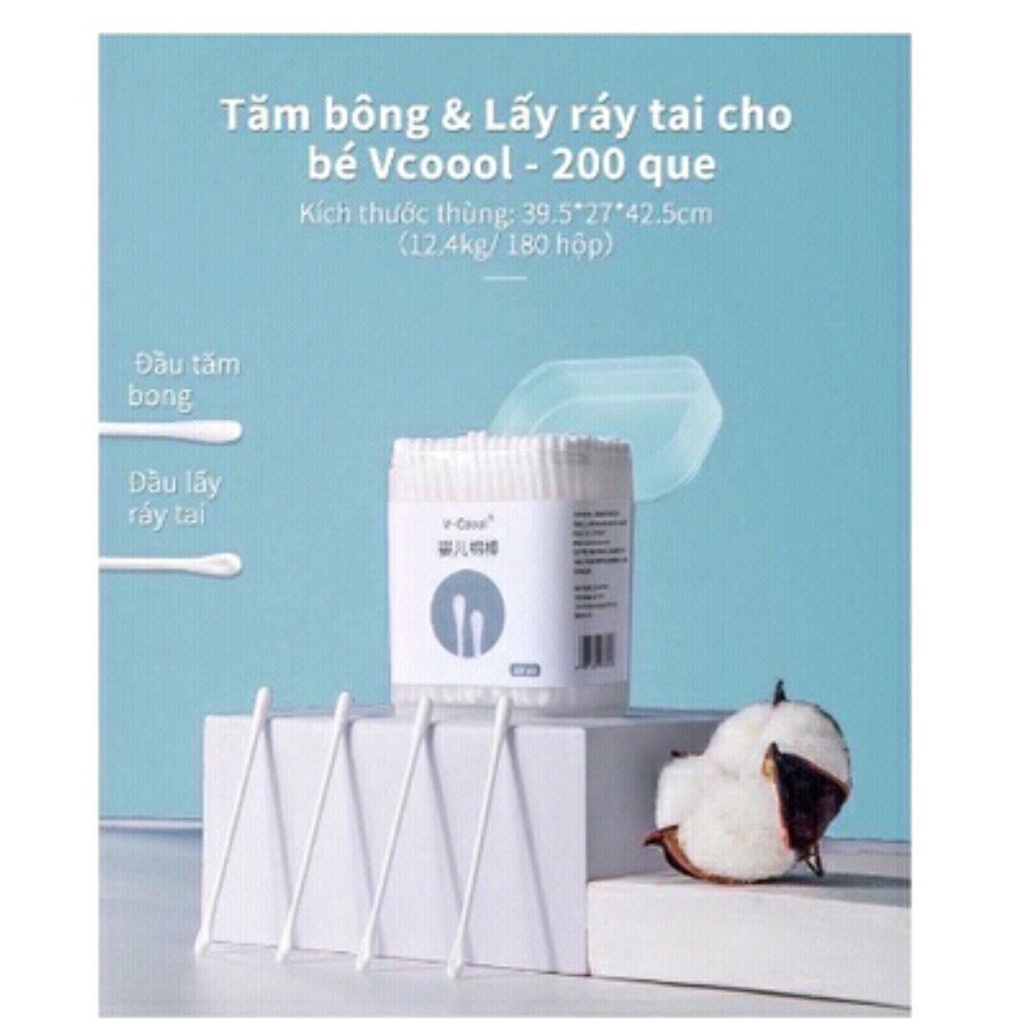 TĂM BÔNG VCOOL HỘP 200 CHIẾC LÀM SẠCH VÙNG MẮT, TAI, MŨI CHO BÉ