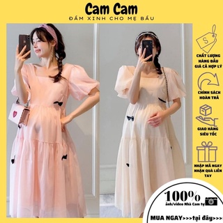 Váy bầu, Đầm bầu công sở, dự tiệc nơ rơi sang chảnh voan 2 lớp, cổ vuông, 2 màu trắng, hồng