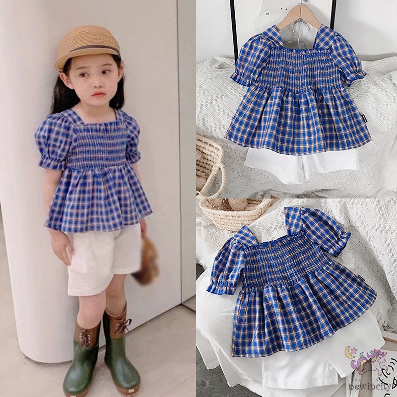 Set Đồ 2 Món Gồm Áo Tay Ngắn Kẻ Sọc Caro + Quần Ngắn Thời Trang Mùa Hè Hàn Quốc Cho Bé Gái