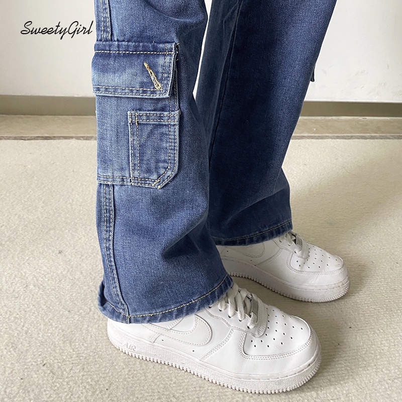 Quần Jeans Dài Lưng Cao Ống Đứng Có Túi Thời Trang Cho Nữ