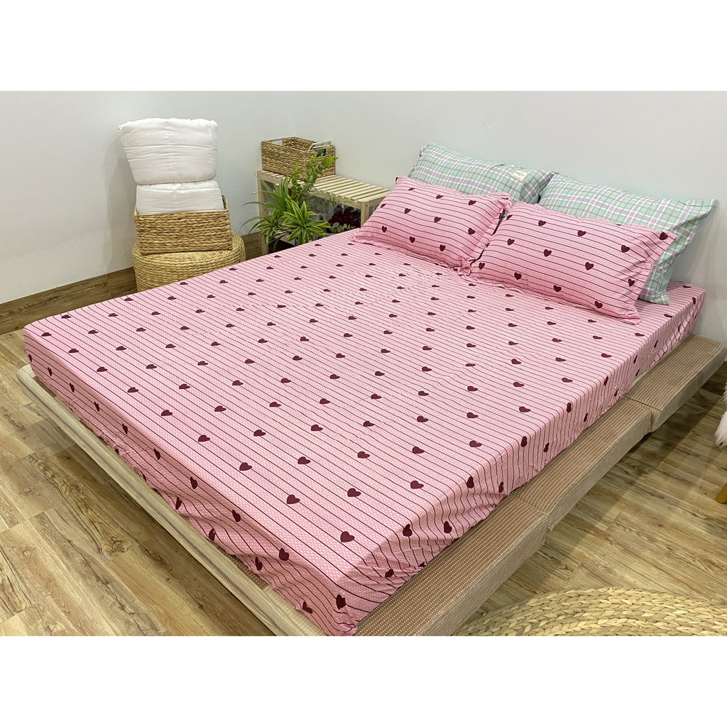 [FREE SHIP]Bộ Ga Gối 1m4x2m Vải Cotton Poly Mềm Mịn,được chọn mẫu hanhrui-tim kẻ hồng