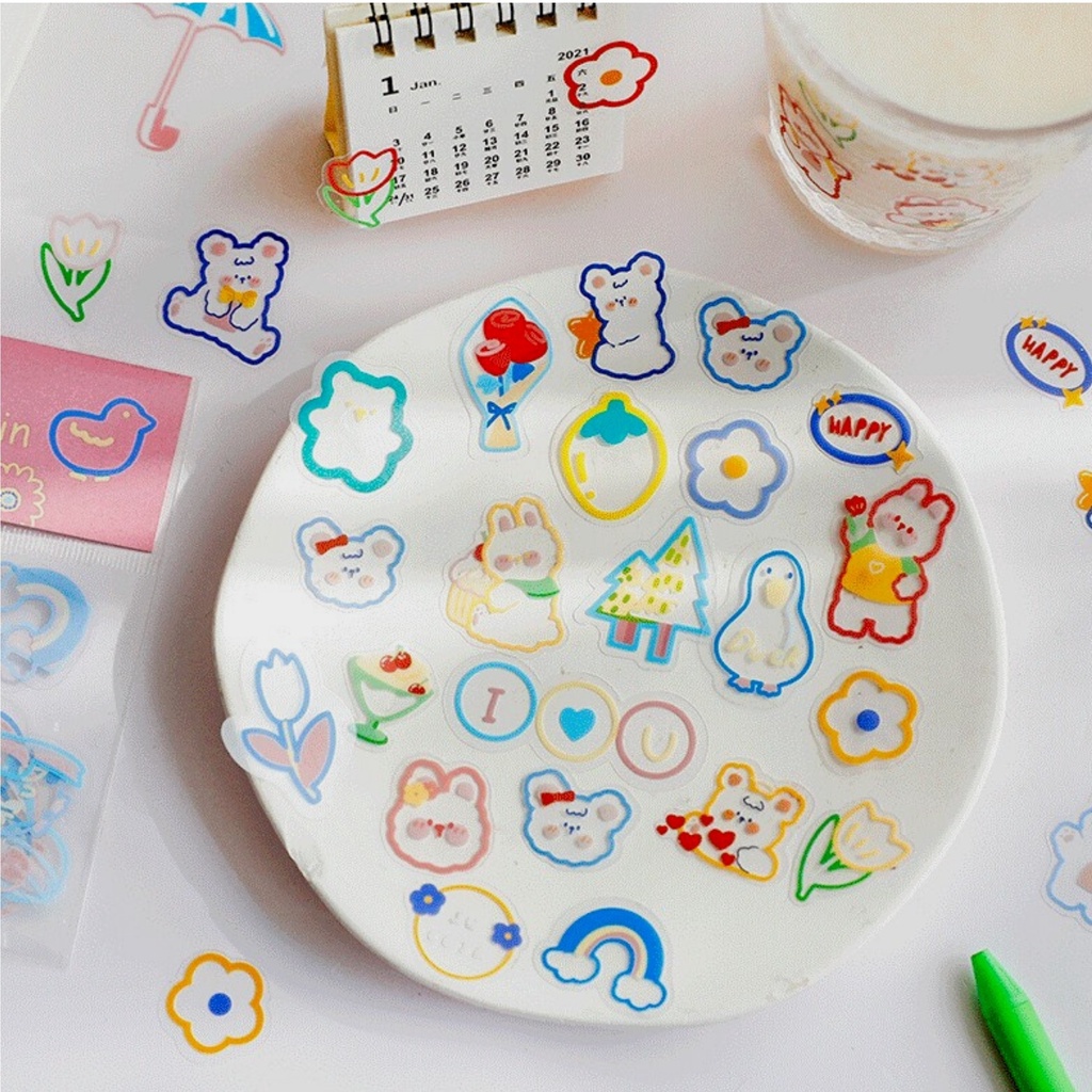 Sticker cute set 45 hình, nhãn dán họa tiết viền nhiều màu