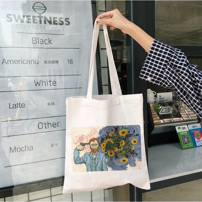 Túi mua sắm canvas sức chứa lớn hình tranh Van Gogh phong cách Ulzzang Harajuku