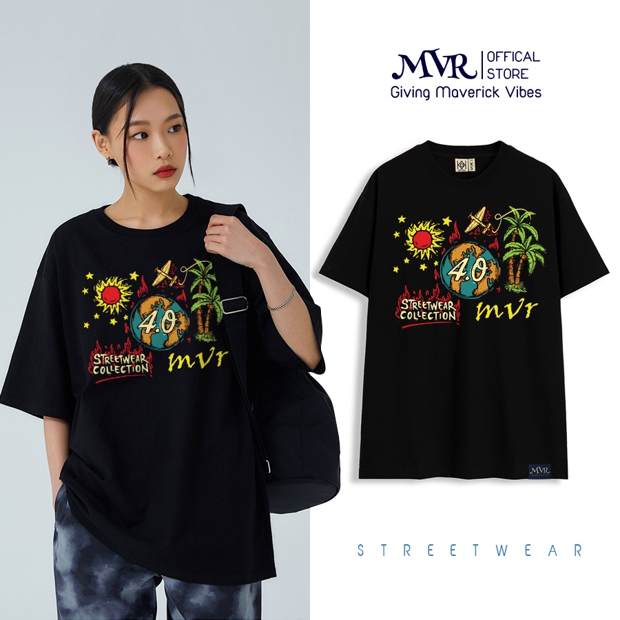 Áo phông thun Cotton phom rộng unisex chất ngầu cây dừa trái đất phong cách hiphop graffiti MVR size rộng tee Mỹ BB4116