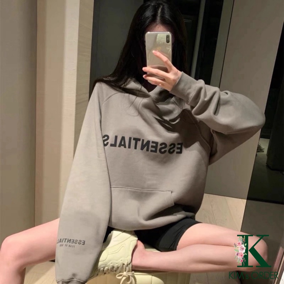 Áo hoodie Unisex chữ ESSENTIALS màu đen trắng be xám đậm chất nỉ bông có mũ dài tay phong cách Ulzzang form rộng LK1 G22