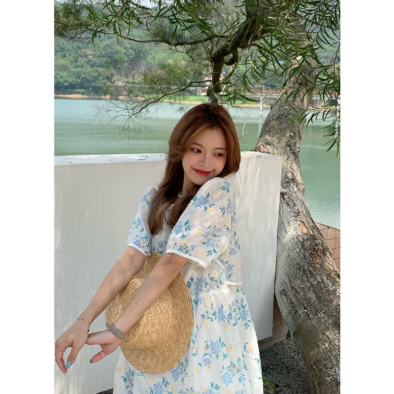 Đầm Hoa Tay Ngắn Phối Dây Rút Phong Cách Hàn Quốc Thời Trang