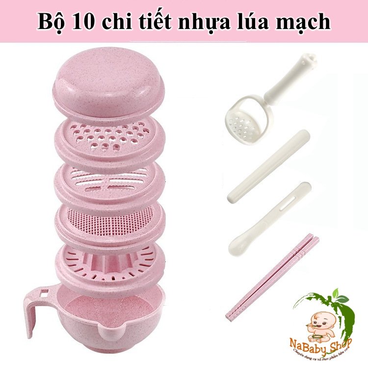 Bộ dụng cụ chế biến nghiền thức ăn NHỰA LÚA MẠCH cho bé ăn dặm kiểu nhật 10 chi tiết