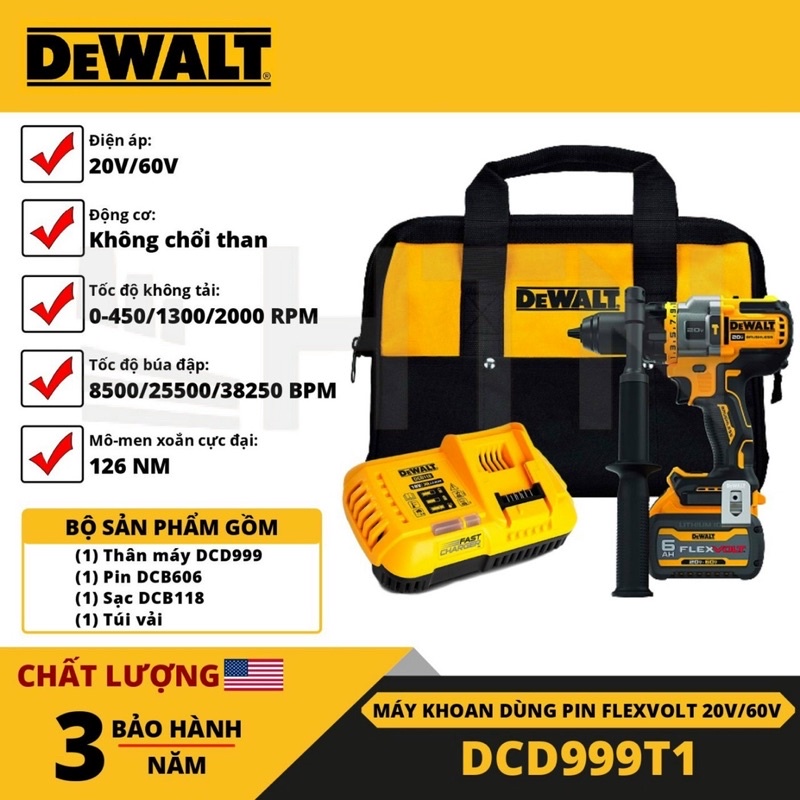 Máy khoan pin rút lõi điều hoà Dewalt DCD 999 < Hàng chính hãng BH 36 tháng)