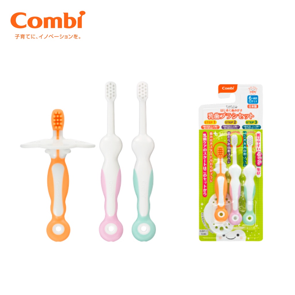 Bàn chải đánh răng cho bé Combi cho bé từ 4 tháng tuổi, chất liệu mềm mại an toàn cho bé, có tấm chắn bảo vệ