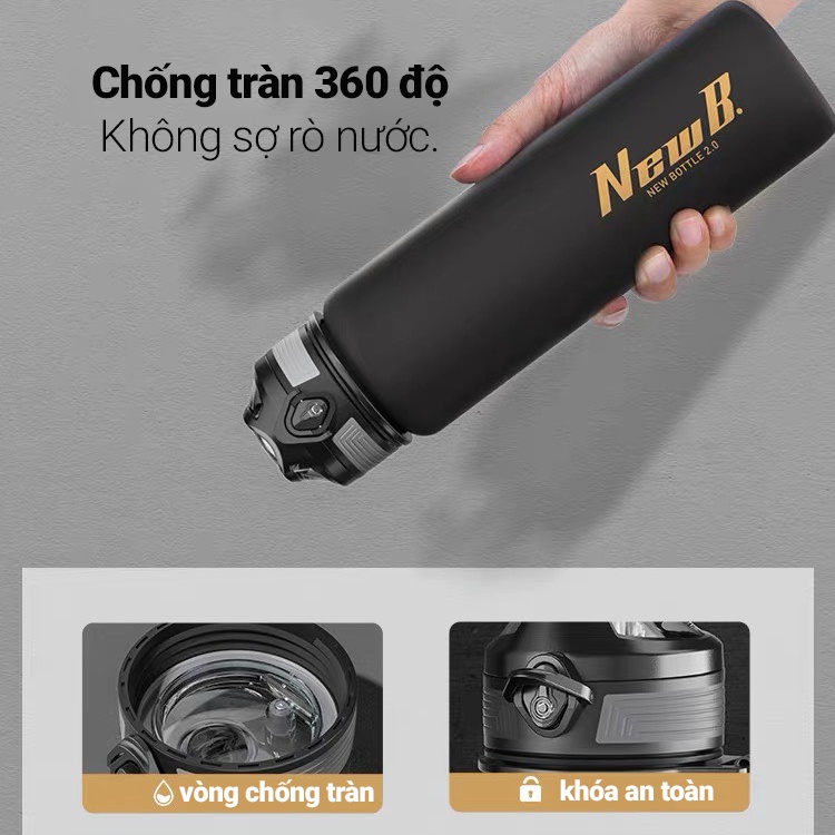 Bình nước thể thao, bình nước Tritan 1000 ML có nắp lọc trà có quai cầm chắc chắn tập gym, đi học cao cấp FITEZY
