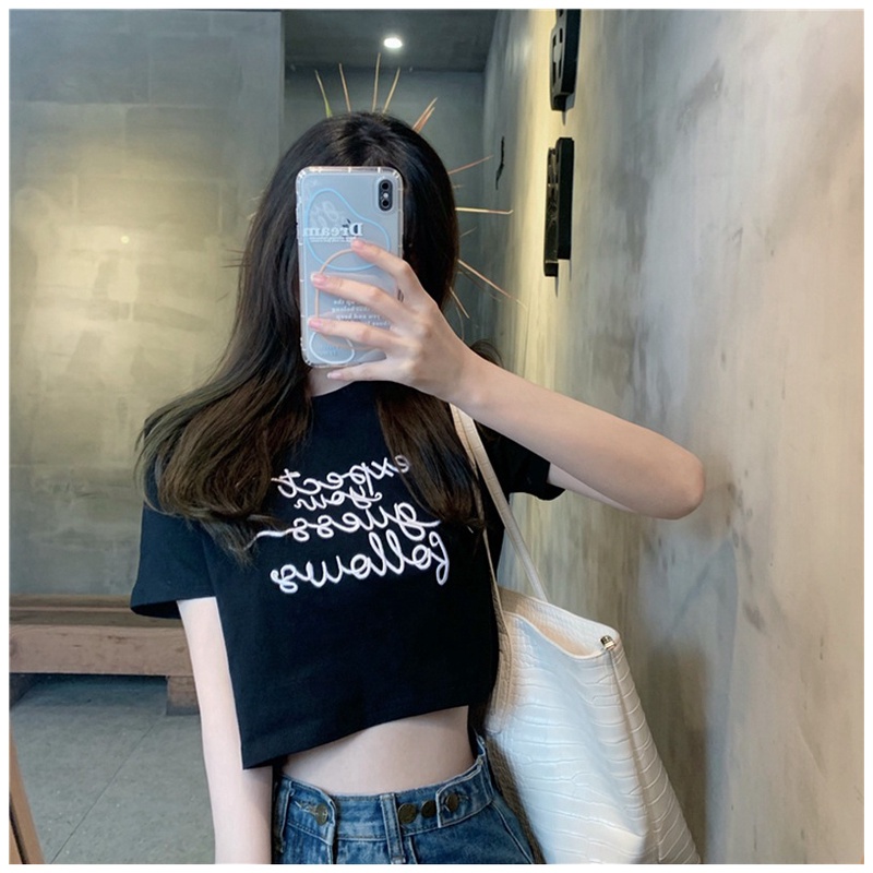 Áo thun croptop WANGJIAOZHAN tay ngắn họa tiết chữ phong cách Hàn Quốc thời trang dành cho nữ