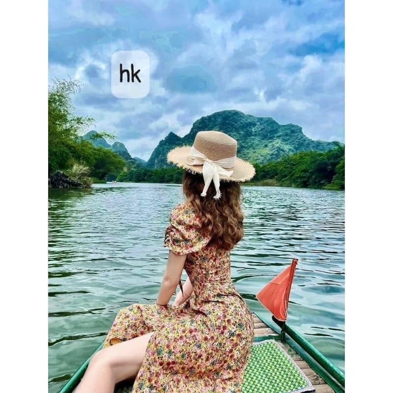 Váy Hoa Nhí Dáng Dài Nhún Vai Xẻ Tà Siêu Tôn Dáng